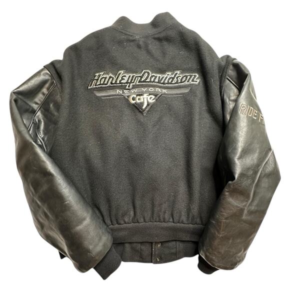 Vintage RIDE FREE Harley Davidson New York Cafe Wool Leather Bomber Jacket Large - Picture 1 of 10